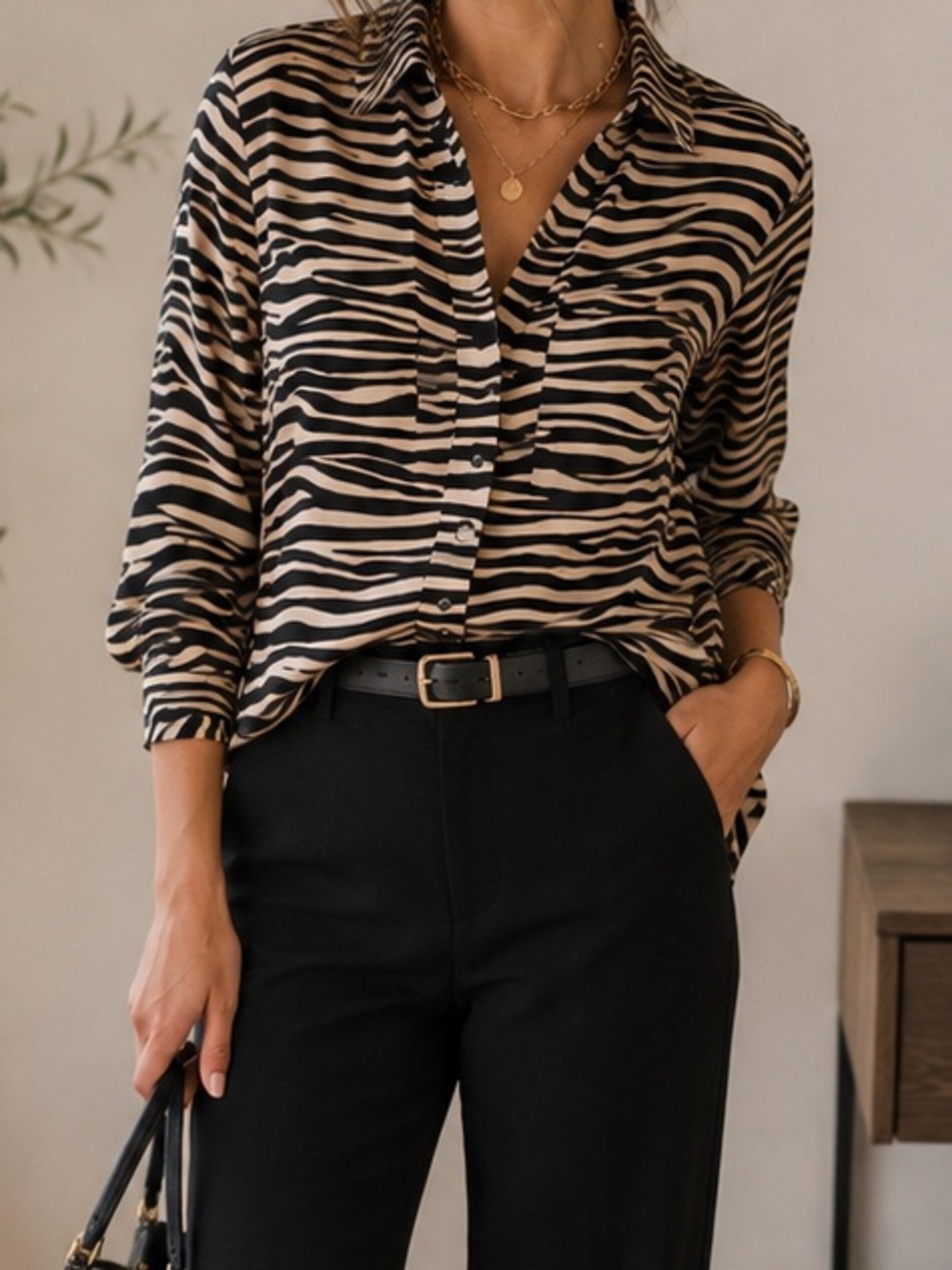 Ann Taylor Petite Zebra Print Blouse MP Black Tan Button Front
